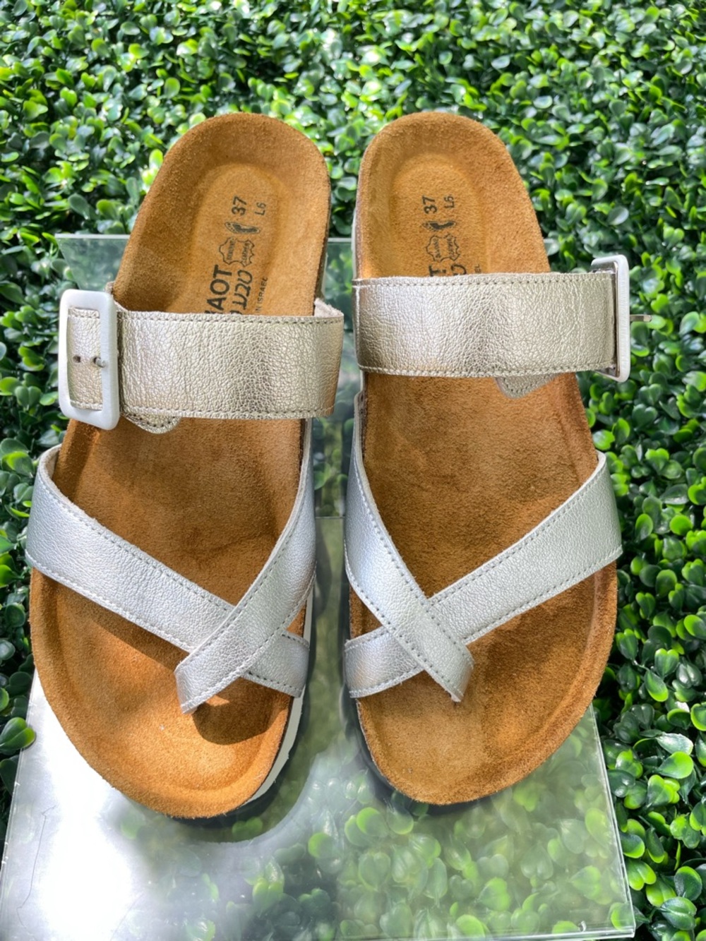 Naot Metallic Silver & gold Buckle Slide Sandals, size 37